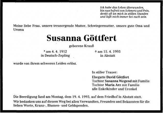 Krauss Susanna 1912-1993 Todesanzeige